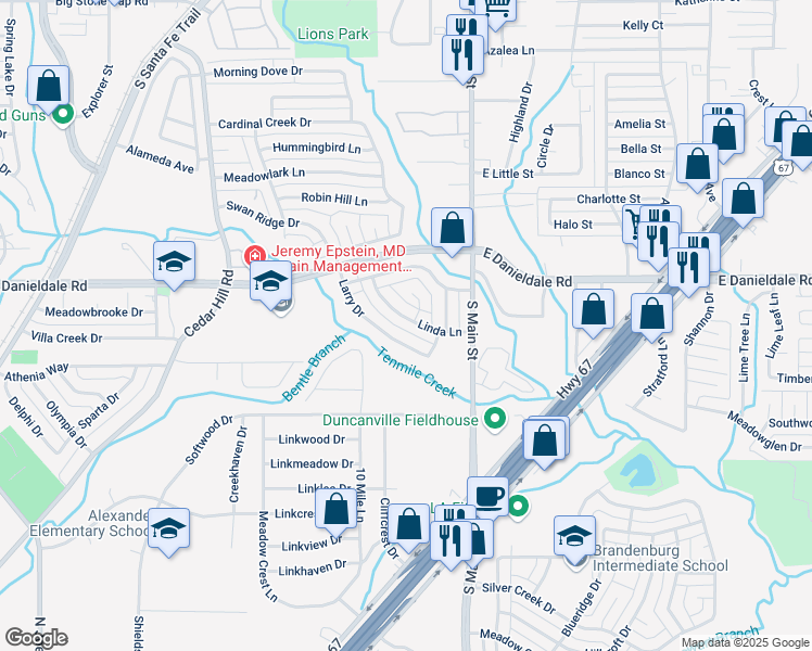 map of restaurants, bars, coffee shops, grocery stores, and more near 206 Linda Lane in Duncanville