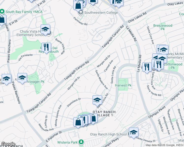 map of restaurants, bars, coffee shops, grocery stores, and more near 1200 Atwater Street in Chula Vista