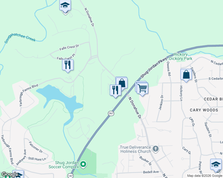 map of restaurants, bars, coffee shops, grocery stores, and more near 1477 North Donahue Drive in Auburn