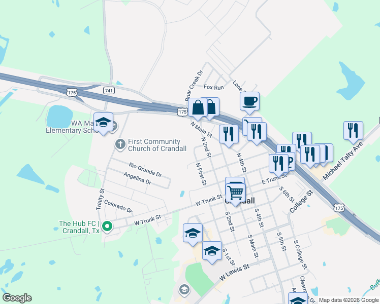 map of restaurants, bars, coffee shops, grocery stores, and more near 200-298,201-299 West Kelley Street in Crandall