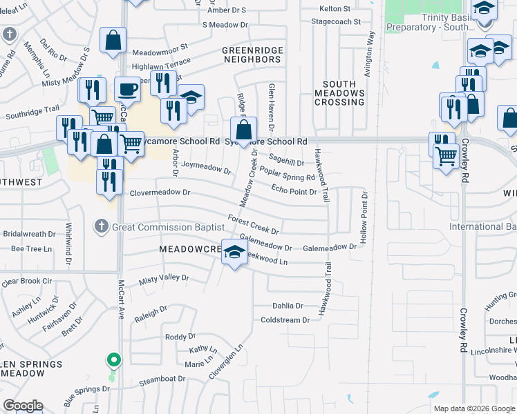 map of restaurants, bars, coffee shops, grocery stores, and more near 2729 Clovermeadow Drive in Fort Worth