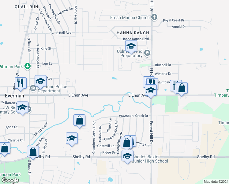 map of restaurants, bars, coffee shops, grocery stores, and more near 335 East Enon Avenue in Everman