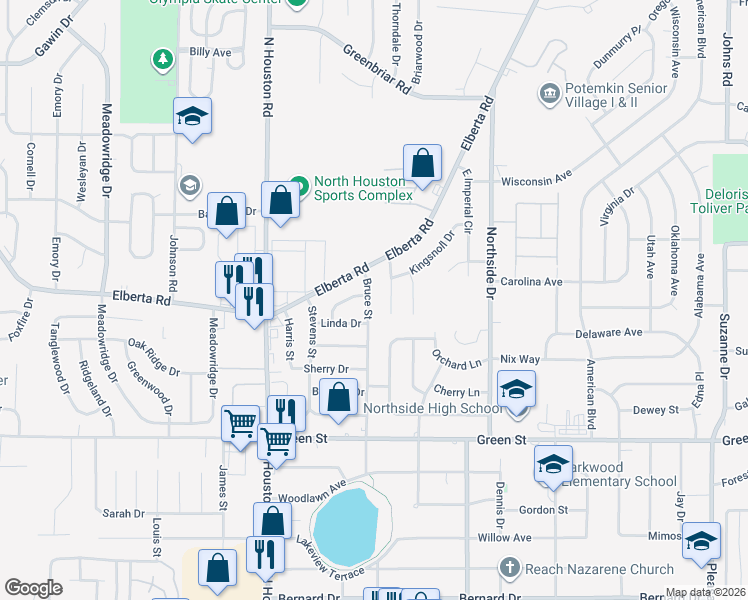 map of restaurants, bars, coffee shops, grocery stores, and more near 326 Bruce Street in Warner Robins