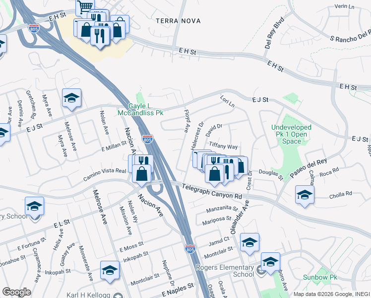 map of restaurants, bars, coffee shops, grocery stores, and more near 856 Halecrest Drive in Chula Vista
