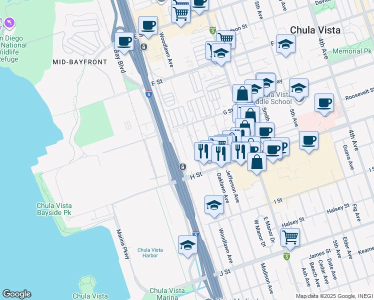 map of restaurants, bars, coffee shops, grocery stores, and more near 464 Woodlawn Avenue in Chula Vista