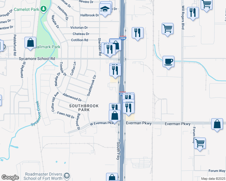 map of restaurants, bars, coffee shops, grocery stores, and more near 8200 South Freeway in Fort Worth