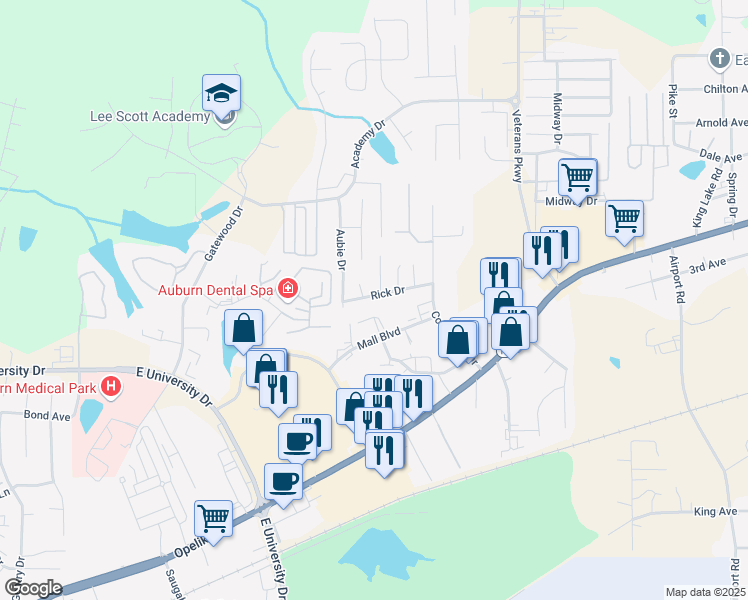 map of restaurants, bars, coffee shops, grocery stores, and more near 1962 Rick Drive in Auburn