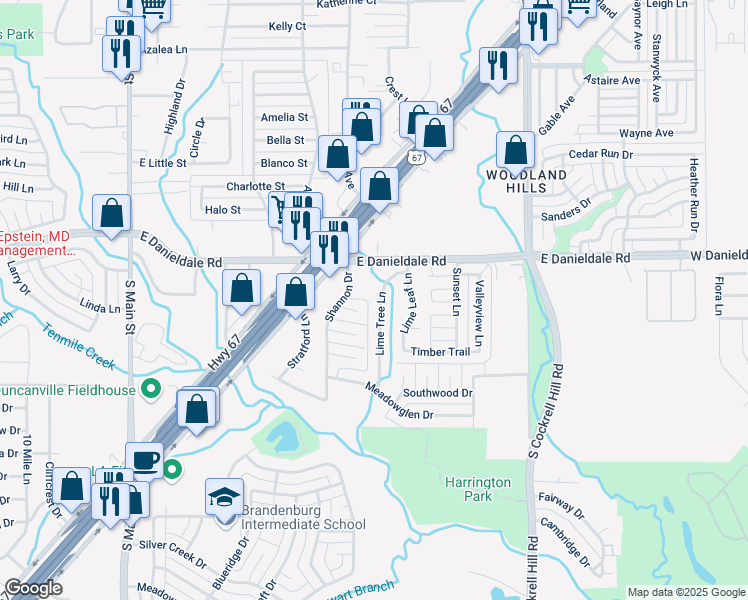 map of restaurants, bars, coffee shops, grocery stores, and more near 1535 Lime Tree Lane in Duncanville