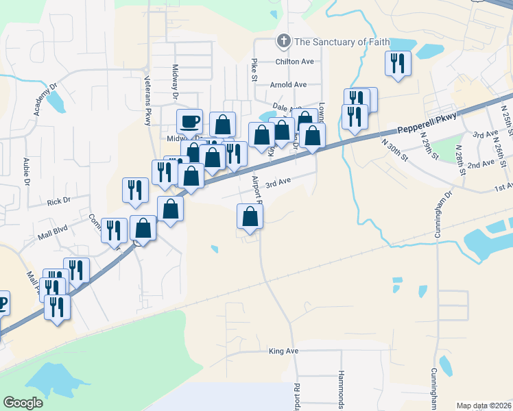 map of restaurants, bars, coffee shops, grocery stores, and more near 1812 Airport Road in Opelika