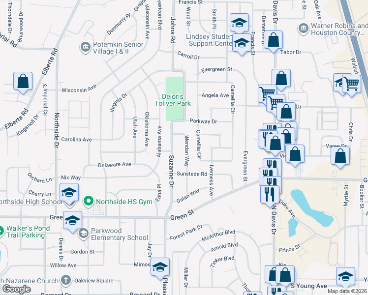map of restaurants, bars, coffee shops, grocery stores, and more near 219 Wendan Way in Warner Robins