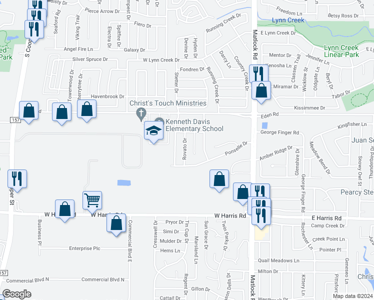 map of restaurants, bars, coffee shops, grocery stores, and more near 7019 Rovato Drive in Arlington