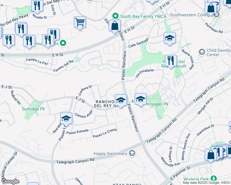 map of restaurants, bars, coffee shops, grocery stores, and more near 1058 Petalo Plaza in Chula Vista