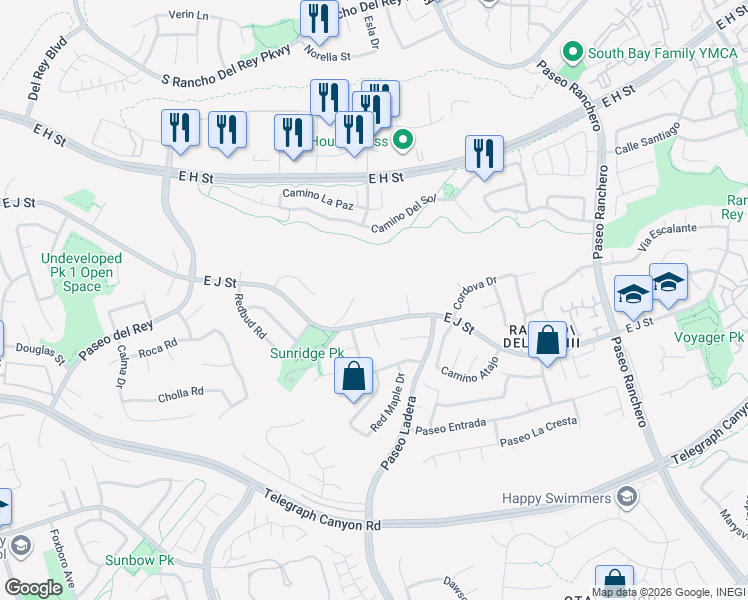 map of restaurants, bars, coffee shops, grocery stores, and more near 2 J Street in Chula Vista