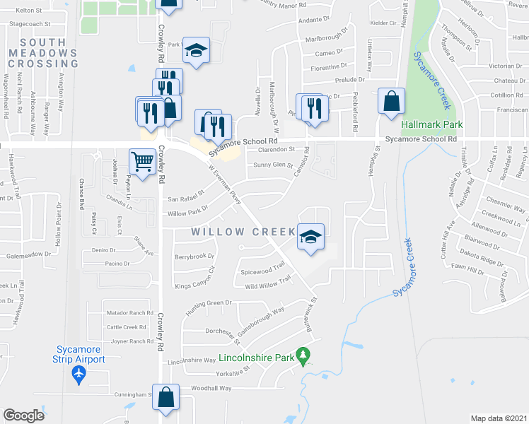 map of restaurants, bars, coffee shops, grocery stores, and more near 8133 Camelot Road in Fort Worth