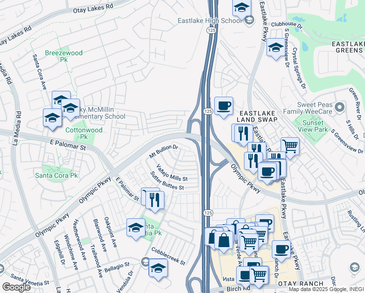map of restaurants, bars, coffee shops, grocery stores, and more near 2008 Mount Bullion Drive in Chula Vista