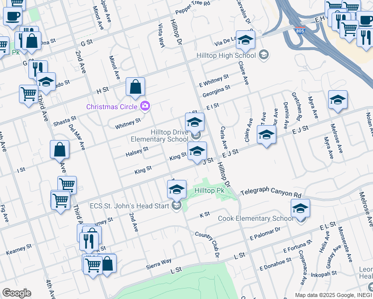map of restaurants, bars, coffee shops, grocery stores, and more near 55 King Street in Chula Vista