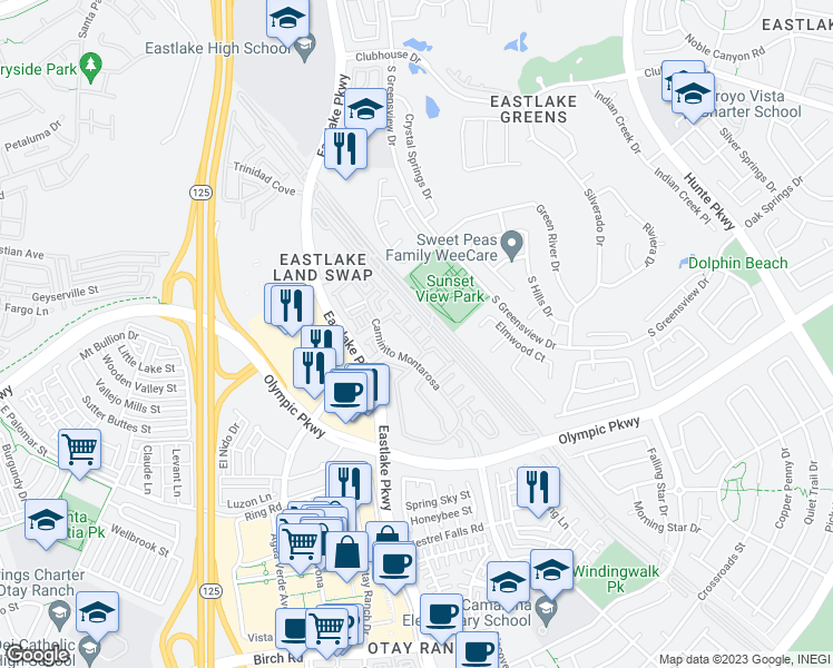 map of restaurants, bars, coffee shops, grocery stores, and more near 1381 Caminito Veranza in Chula Vista