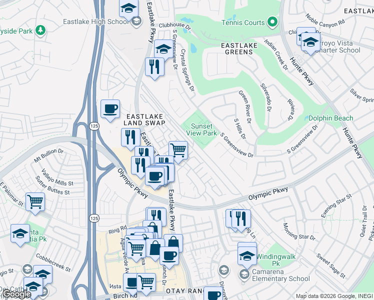 map of restaurants, bars, coffee shops, grocery stores, and more near 1420 Caminito Garibay in Chula Vista