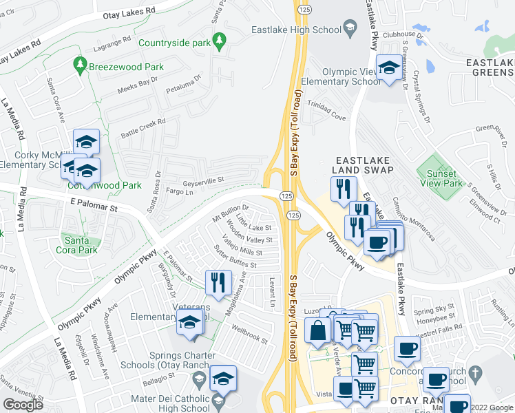 map of restaurants, bars, coffee shops, grocery stores, and more near 2008 Mount Bullion Drive in Chula Vista