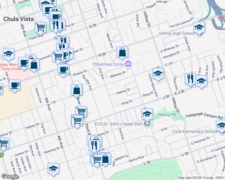 map of restaurants, bars, coffee shops, grocery stores, and more near 184 Halsey Street in Chula Vista