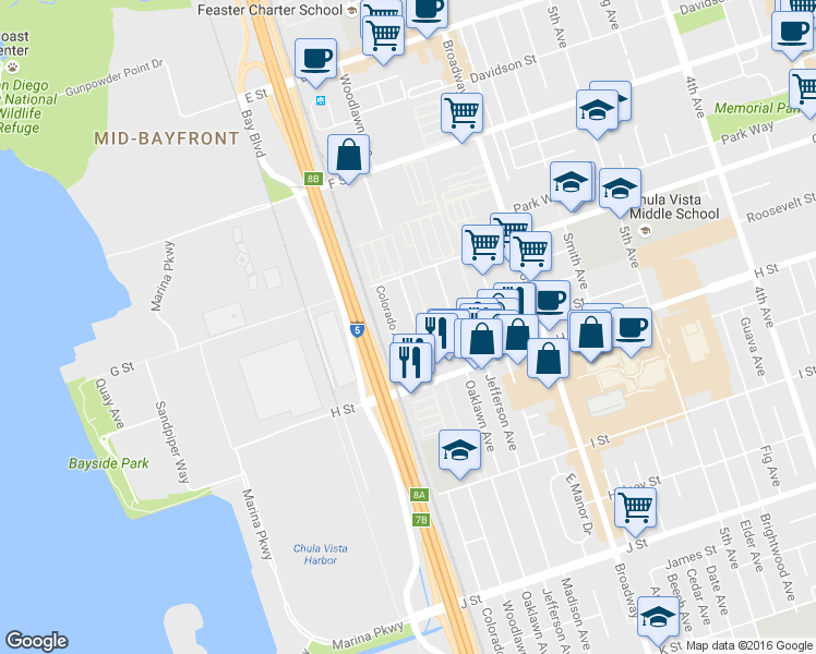 map of restaurants, bars, coffee shops, grocery stores, and more near 464 Woodlawn Avenue in Chula Vista