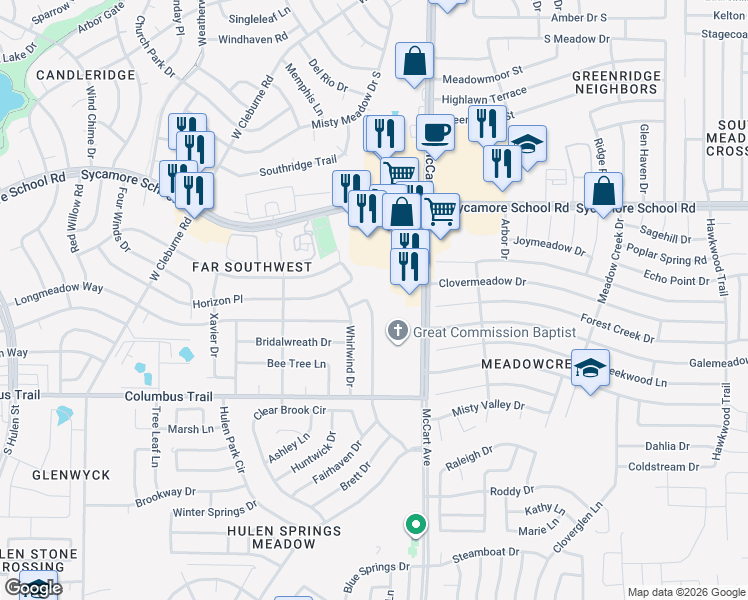 map of restaurants, bars, coffee shops, grocery stores, and more near 7612 Val Verde Drive in Fort Worth