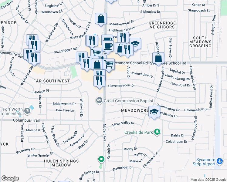 map of restaurants, bars, coffee shops, grocery stores, and more near 3316 Forest Creek Drive in Fort Worth