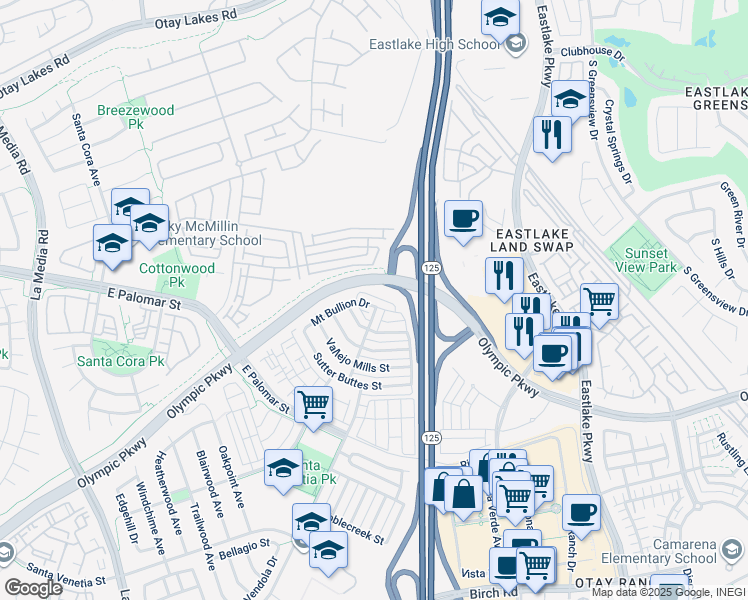 map of restaurants, bars, coffee shops, grocery stores, and more near 1981 Mount Bullion Drive in Chula Vista