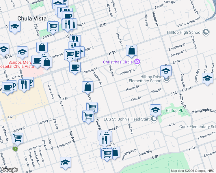 map of restaurants, bars, coffee shops, grocery stores, and more near 228 I Street in Chula Vista