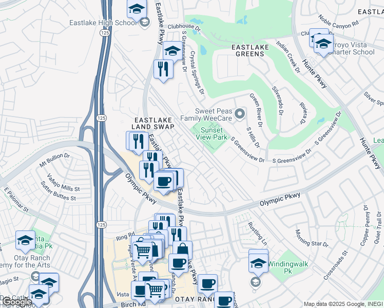 map of restaurants, bars, coffee shops, grocery stores, and more near Caminito Veranza in Chula Vista