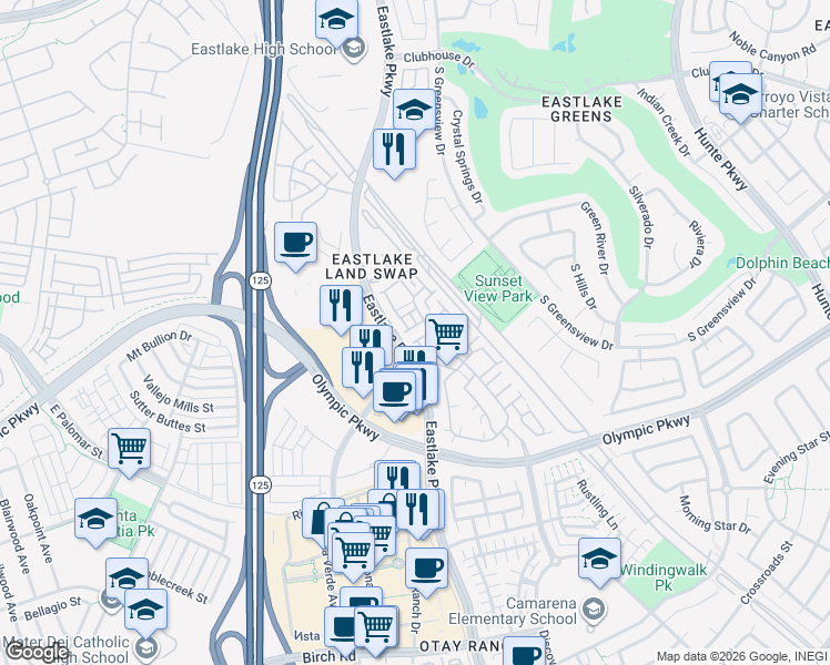map of restaurants, bars, coffee shops, grocery stores, and more near 1340 Caminito Dante in Chula Vista