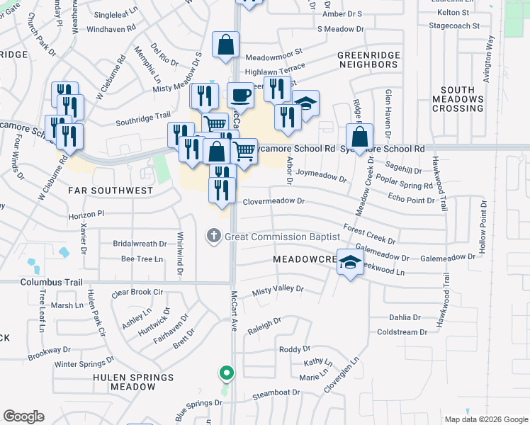 map of restaurants, bars, coffee shops, grocery stores, and more near 3304 Forest Creek Drive in Fort Worth