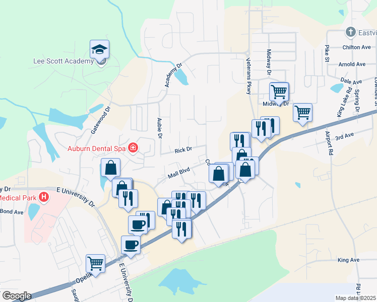 map of restaurants, bars, coffee shops, grocery stores, and more near 1978 Rick Drive in Auburn