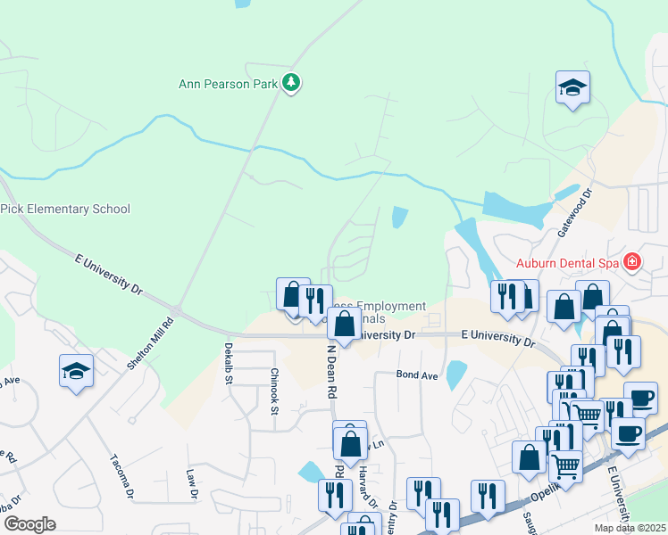 map of restaurants, bars, coffee shops, grocery stores, and more near 1322 North Dean Road in Auburn