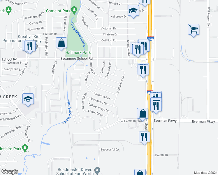 map of restaurants, bars, coffee shops, grocery stores, and more near 225 Chasmier Way in Fort Worth
