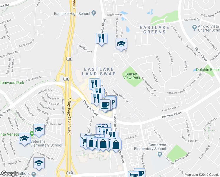 map of restaurants, bars, coffee shops, grocery stores, and more near in Chula Vista
