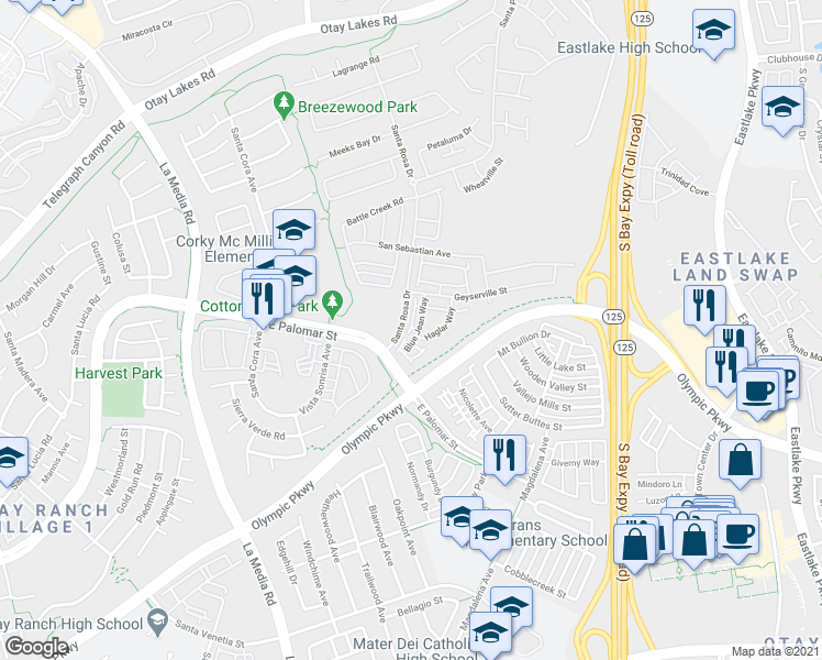 map of restaurants, bars, coffee shops, grocery stores, and more near 1321 Claim Jumper Lane in Chula Vista