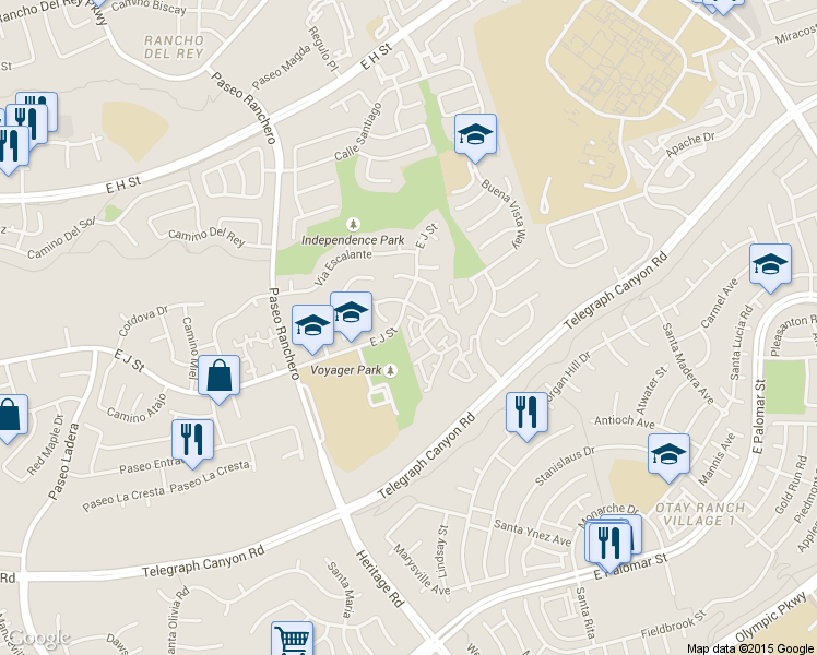 map of restaurants, bars, coffee shops, grocery stores, and more near 1187 De Soto Court in Chula Vista
