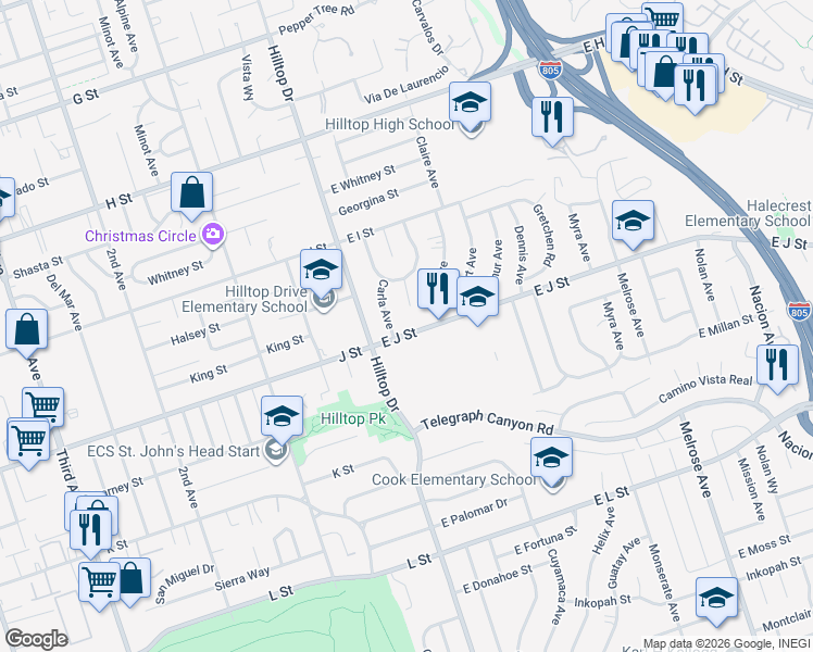 map of restaurants, bars, coffee shops, grocery stores, and more near 15 East J Street in Chula Vista