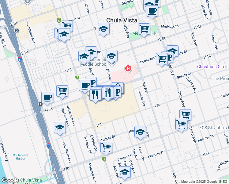 map of restaurants, bars, coffee shops, grocery stores, and more near 555 Broadway in Chula Vista