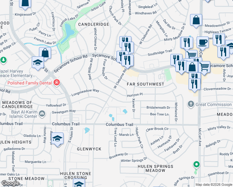 map of restaurants, bars, coffee shops, grocery stores, and more near 3944 Longmeadow Way in Fort Worth