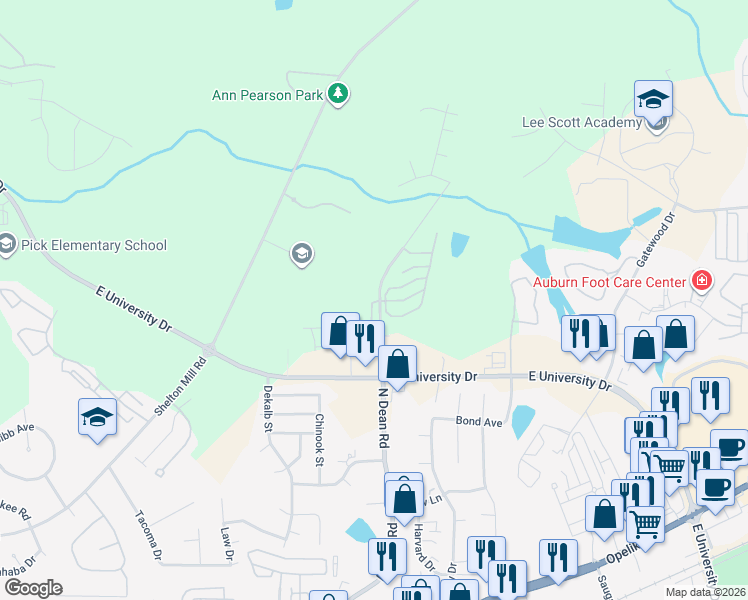 map of restaurants, bars, coffee shops, grocery stores, and more near 1273 North Dean Road in Auburn