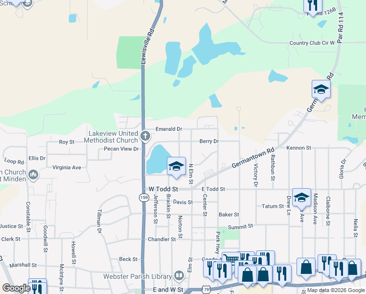 map of restaurants, bars, coffee shops, grocery stores, and more near 1442 Sheppard Street in Minden