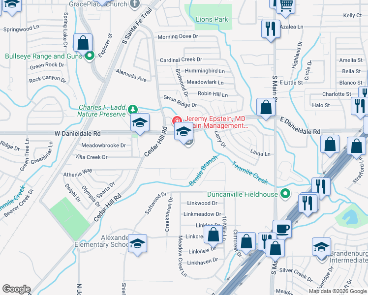 map of restaurants, bars, coffee shops, grocery stores, and more near 402 West Danieldale Road in Duncanville