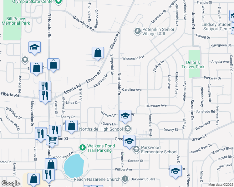 map of restaurants, bars, coffee shops, grocery stores, and more near 414 Northside Drive in Warner Robins