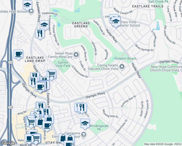 map of restaurants, bars, coffee shops, grocery stores, and more near 2347 Forest Meadow Court in Chula Vista