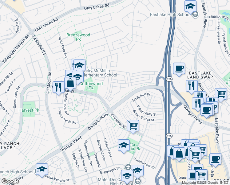 map of restaurants, bars, coffee shops, grocery stores, and more near 1299 Blue Jean Way in Chula Vista