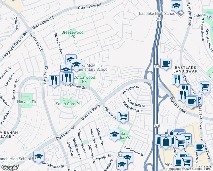 map of restaurants, bars, coffee shops, grocery stores, and more near 1321 Claim Jumper Lane in Chula Vista