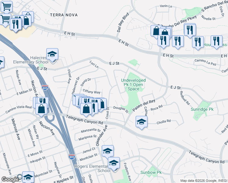 map of restaurants, bars, coffee shops, grocery stores, and more near 873 Crest Drive in Chula Vista