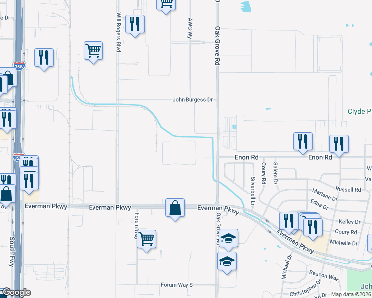 map of restaurants, bars, coffee shops, grocery stores, and more near 8300-8334 Oak Grove Road in Fort Worth